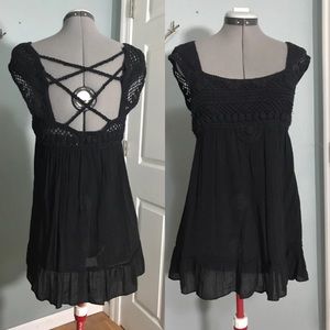 Crocheted Cotton Strappy Black Tunic Top
